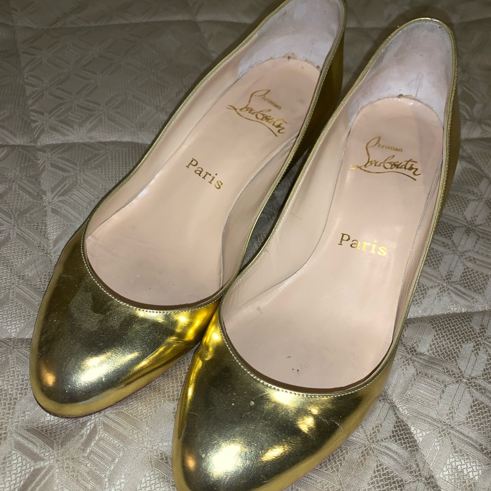 Gold Size 7 Christian Louboutin Wedge Heel Shoes